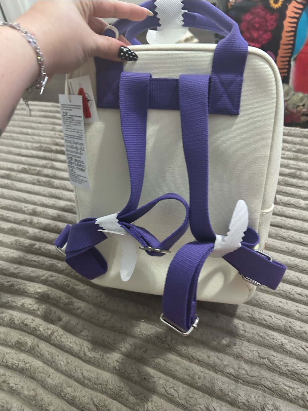 Loungefly Cream Mini Backpack with Purple Handles and Multicolor Minnie Icons - Picture 4 of 6